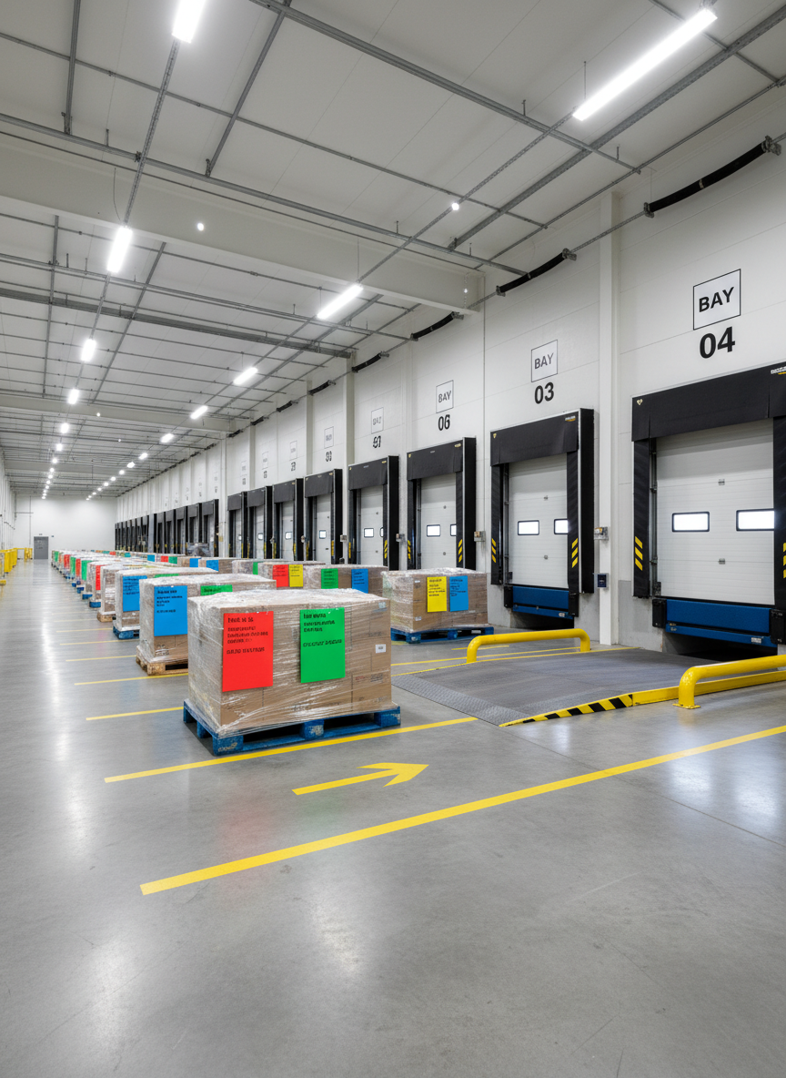 An orderly cross-docking area inside a logistics facility, captured in photographic realism, featuring a row of closed white loading dock doors with clearly marked bay numbers above them. A series of color-coded pallets, each stacked with shrink-wrapped cartons and labeled with bright routing tags, are arranged in precise lanes on a smooth concrete floor with painted directional arrows. Overhead, linear LED fixtures cast bright, even light, creating clean, minimal shadows and emphasizing the structured layout. A dock leveler plate is visible at one bay, with yellow safety bumpers and edge markings adding visual clarity. Shot from a low, wide-angle perspective down the line of doors, the image conveys movement potential and coordination without showing vehicles. The atmosphere is efficient, organized, and ready, illustrating fast inbound-outbound 3PL operations.