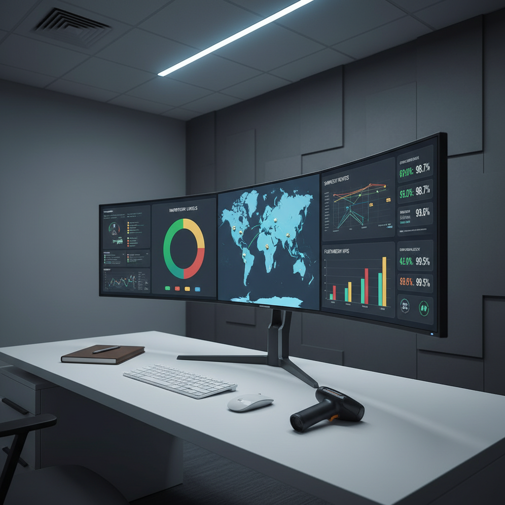 A clean, modern logistics control room featuring a wide, ultra-slim curved monitor array mounted on a minimalist white desk, displaying colorful real-time dashboards of inventory levels, shipment tracking maps, and fulfillment KPIs in photographic realism. The screens glow softly against a muted charcoal wall with subtle acoustic panel texture. Cool, diffused overhead light combines with the gentle blue light from the monitors, creating a focused, high-tech atmosphere. A wireless keyboard and barcode scanner rest neatly on the desk beside a closed notebook. Shot at eye level with a medium-depth field, the composition follows the rule of thirds, drawing attention to the illuminated data. The overall mood is calm, precise, and analytical, showcasing the intelligence and visibility behind a professional US-based 3PL operation.