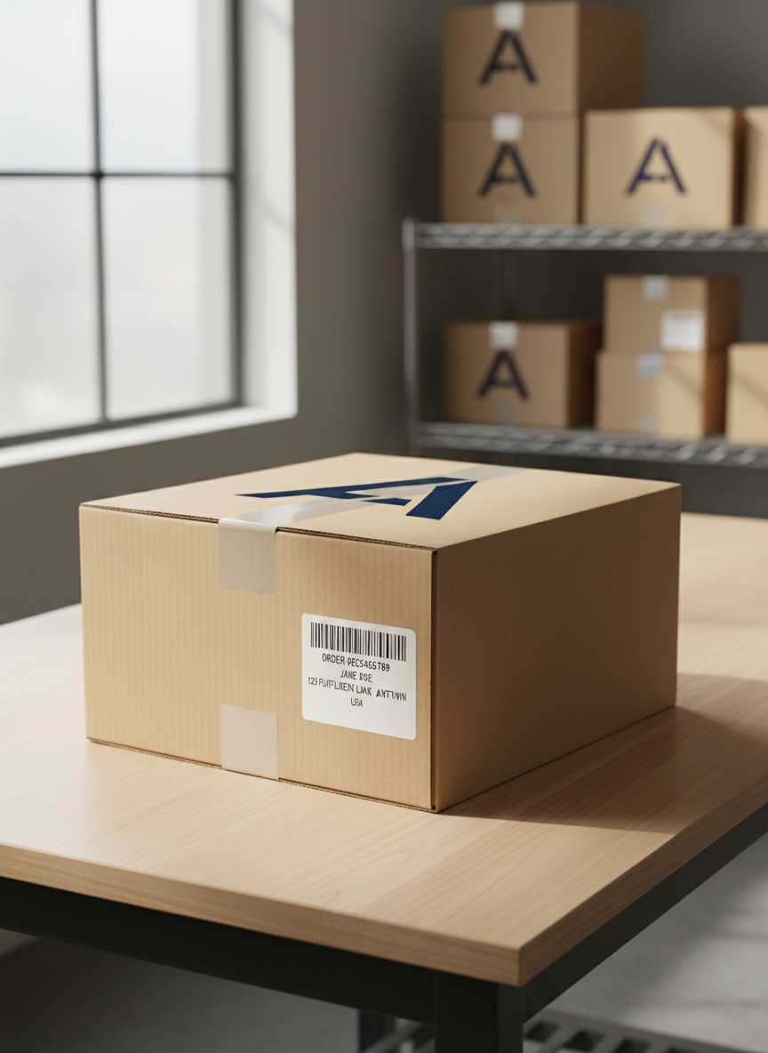 A pristine, clearly branded shipping box for an eCommerce brand, made of high-quality kraft cardboard with a bold, minimalist logo printed in deep navy ink on the top surface, sits on a smooth, light maple packing table in photographic realism. The box is perfectly taped with a clean, centered strip of clear packing tape, and a thermal-printed shipping label with crisp black barcodes and text is aligned on one side. Soft, diffused daylight from a nearby warehouse window creates gentle highlights on the box edges and subtle shadows beneath. In the softly blurred background, organized shelves of identical boxes create a sense of scale and consistency. Captured from a slightly elevated three-quarter angle with shallow depth of field, the mood is professional, trustworthy, and brand-focused, ideal for showcasing premium fulfillment quality.