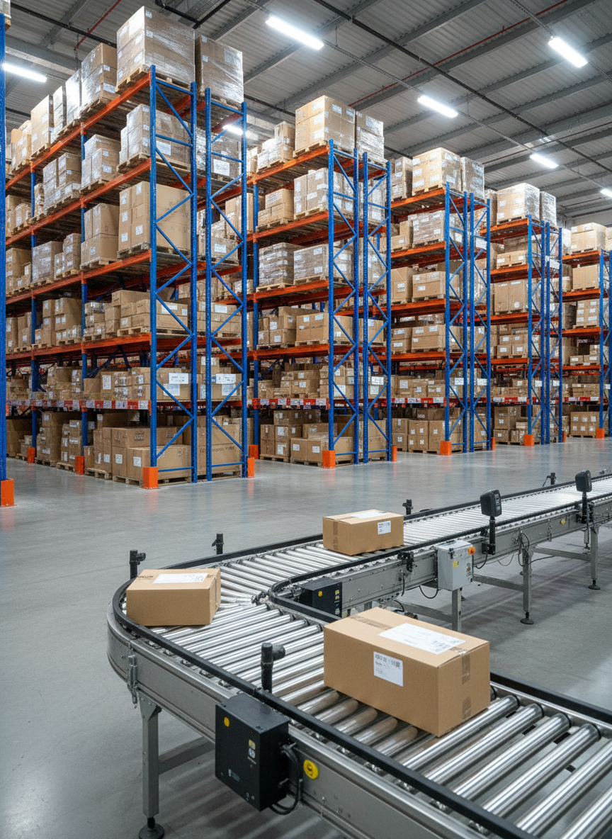 A vast, meticulously organized fulfillment warehouse interior in photographic realism, filled with tall blue and orange racking systems stacked with neatly labeled brown cartons of varying sizes. In the foreground, a clean, modern conveyor line with barcode scanners and segmented rollers runs diagonally through the frame, carrying sealed packages with printed shipping labels. Cool, even industrial LED lighting from overhead fixtures creates crisp, shadow-free illumination, emphasizing order and efficiency. The polished concrete floor subtly reflects the light, adding depth. Shot from a slightly elevated, wide-angle perspective to capture the scale of the operation, with sharp focus throughout. The mood is highly professional, reliable, and streamlined, visually representing a world-class 3PL logistics environment for eCommerce and DTC brands.